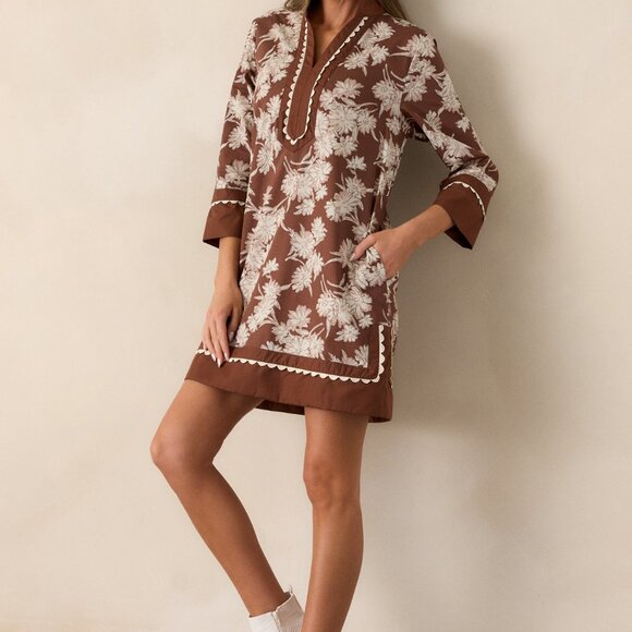 Red Dress Orchid's Whisper 100% Cotton Chocolate Floral Long Sleeve Mini Dress S - Picture 3 of 3